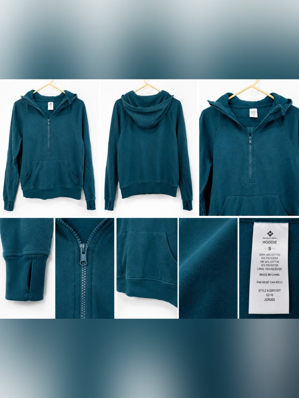 Member’s Mark Women’s Small Teal Quarter Zip Hoodie Pullover Thumbholes